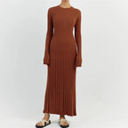 Ribbed Knit Crew Neck Lettuce Hem Long Sleeve Maxi Dress