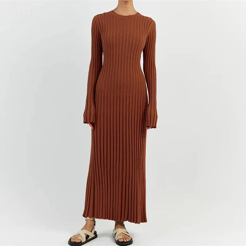 Ribbed Knit Crew Neck Lettuce Hem Long Sleeve Maxi Dress