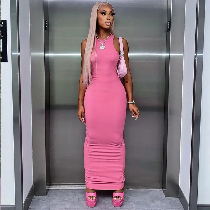 Crew Neck Sleeveless Ribbed Bodycon Maxi Dress