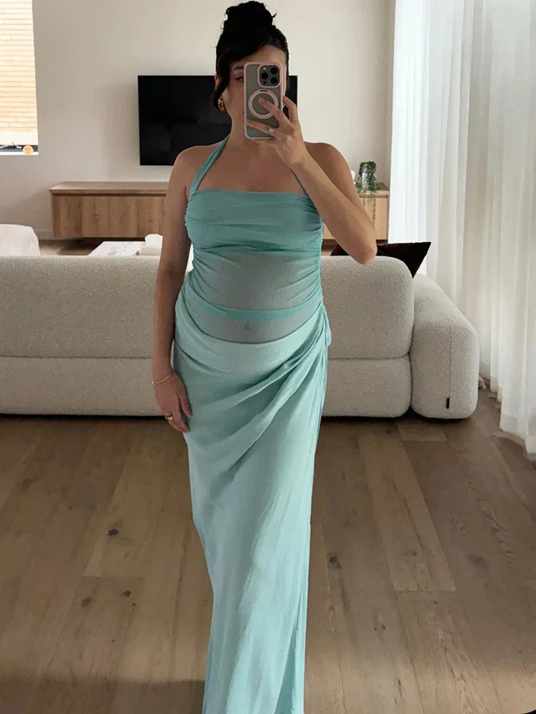 Halter Neck Mesh Ruched Sarong Wrap Drape Maxi Dress