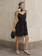 Tie Shoulder Bow Backless V-Neck Pleated Mini Dress