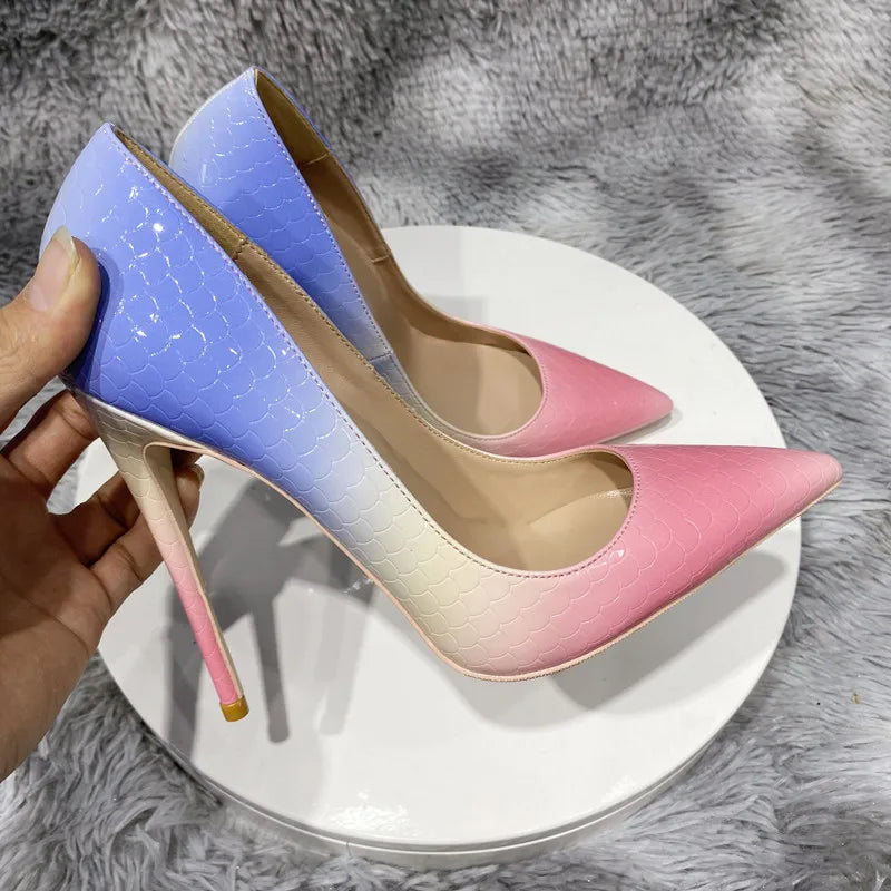 Blue Pink Crocodile Effect Pointy Toe High Heel Shoes for Women