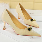 Kitten Heel Pointed Metal Buckle Pumps for Women with Metal Heel