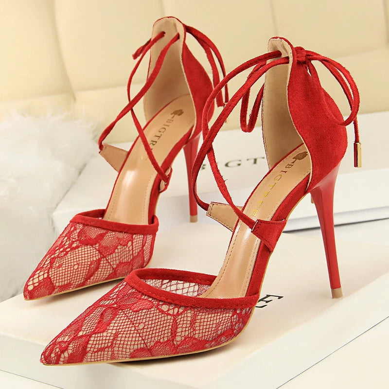Cross Straps Women Sandals Mesh Lace High Heels Stiletto Party Shoes