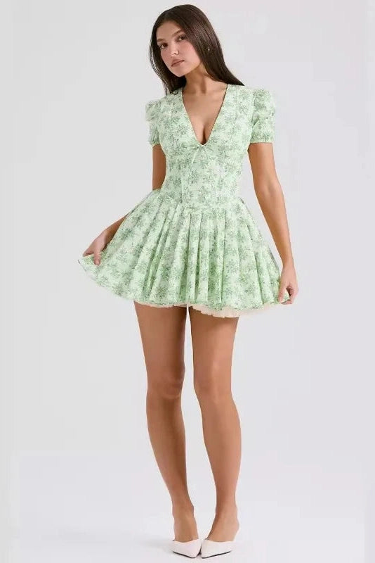 V-Neck Short Sleeve Pleated A-Line Mini Dress with High Waist