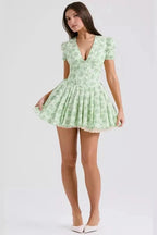 V-Neck Short Sleeve Pleated A-Line Mini Dress with High Waist
