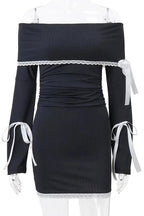 Elegant Lace Patchwork Mini Dress with Slash-Neck and Long Sleeves