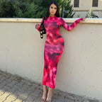 Crew Neck Long Sleeve Abstract Marble Print Bodycon Maxi Dress