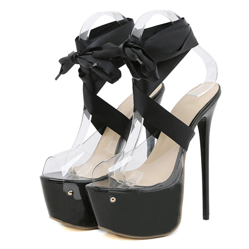 Red Lace-Up Platform Sandals Women 16.5 CM Transparent Shoes