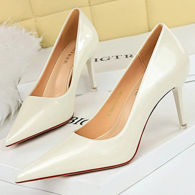Crystal Patent Leather Women Pumps Pointed High Heels Stilettos Kitten Heels
