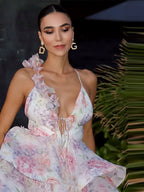 Floral Print Plunging V-Neck 3D Floral Ruffle Strap Cut Out Waist Tiered Mini Dress