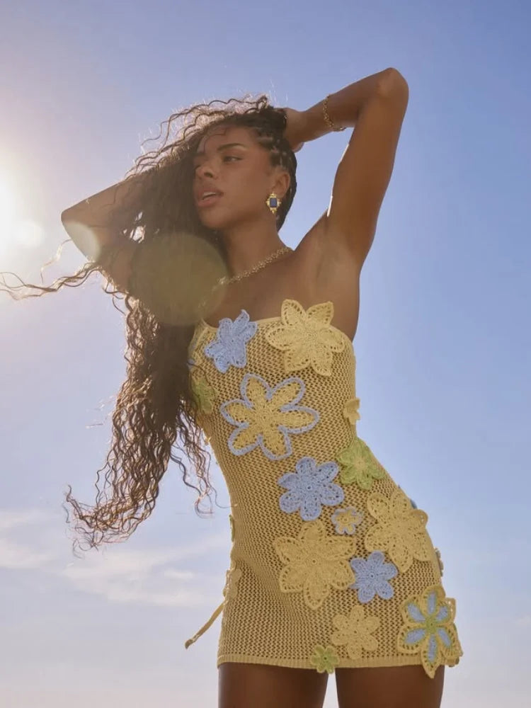 One Shoulder Floral Appliqué Crochet Mesh Mini Dress