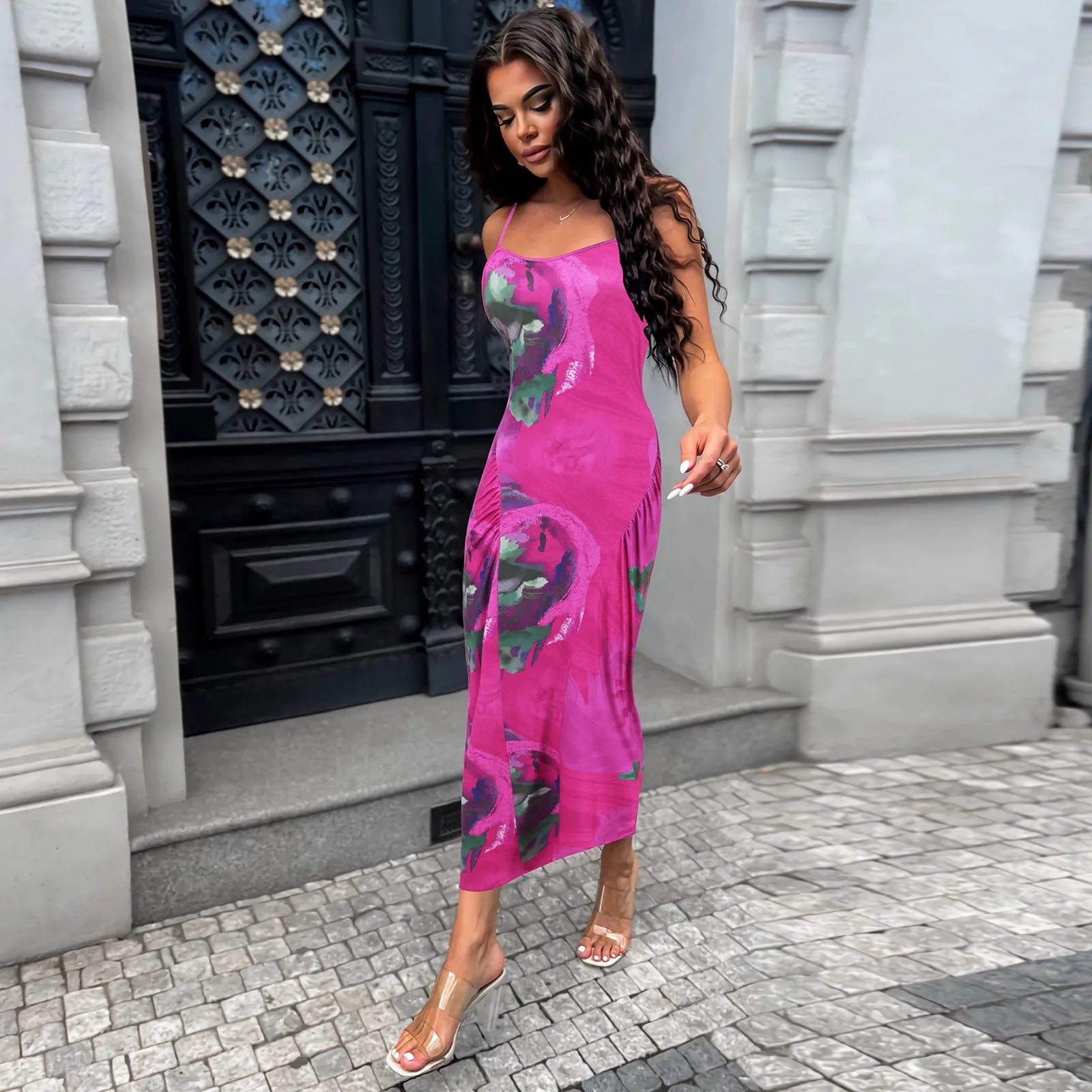 Spaghetti Strap Scoop Neck Abstract Floral Print Side Ruched Bodycon Midi Dress