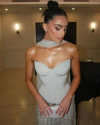 Strapless Corset Sweetheart Sequin Stripe Column Maxi Gown