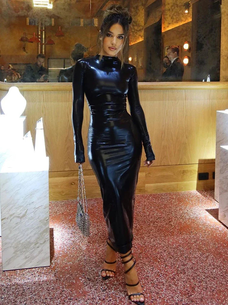 Mock Neck Long Sleeve Glossy Faux Leather Bodycon Maxi Dress