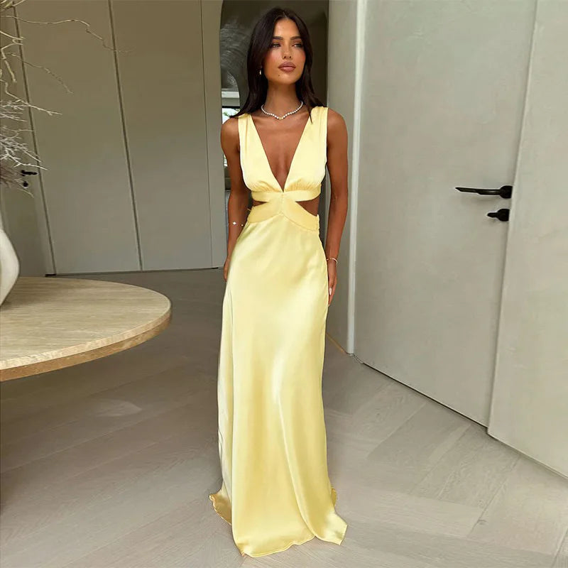 Satin Deep V-Neck Waist Cut Out Flowy Maxi Dress
