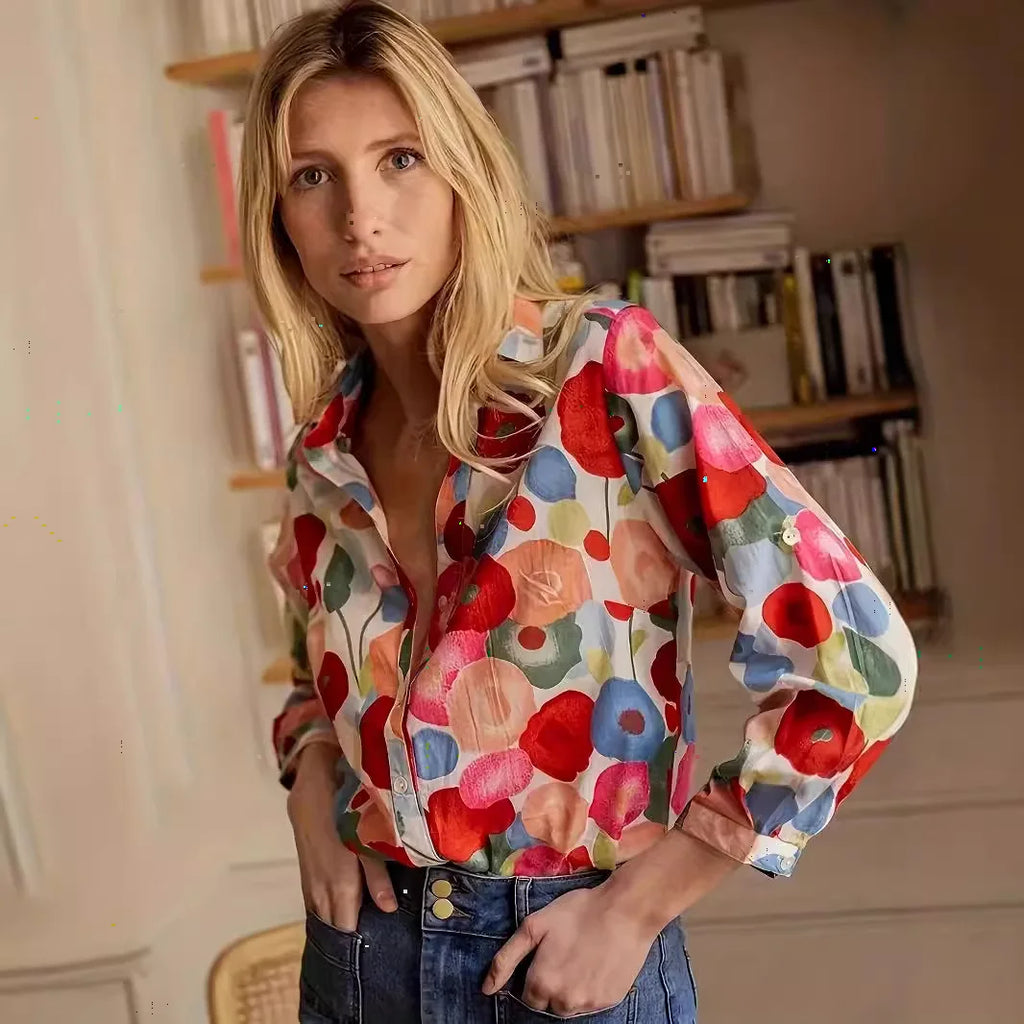 Simple Cartoon Floral Print Plus Size Blouse