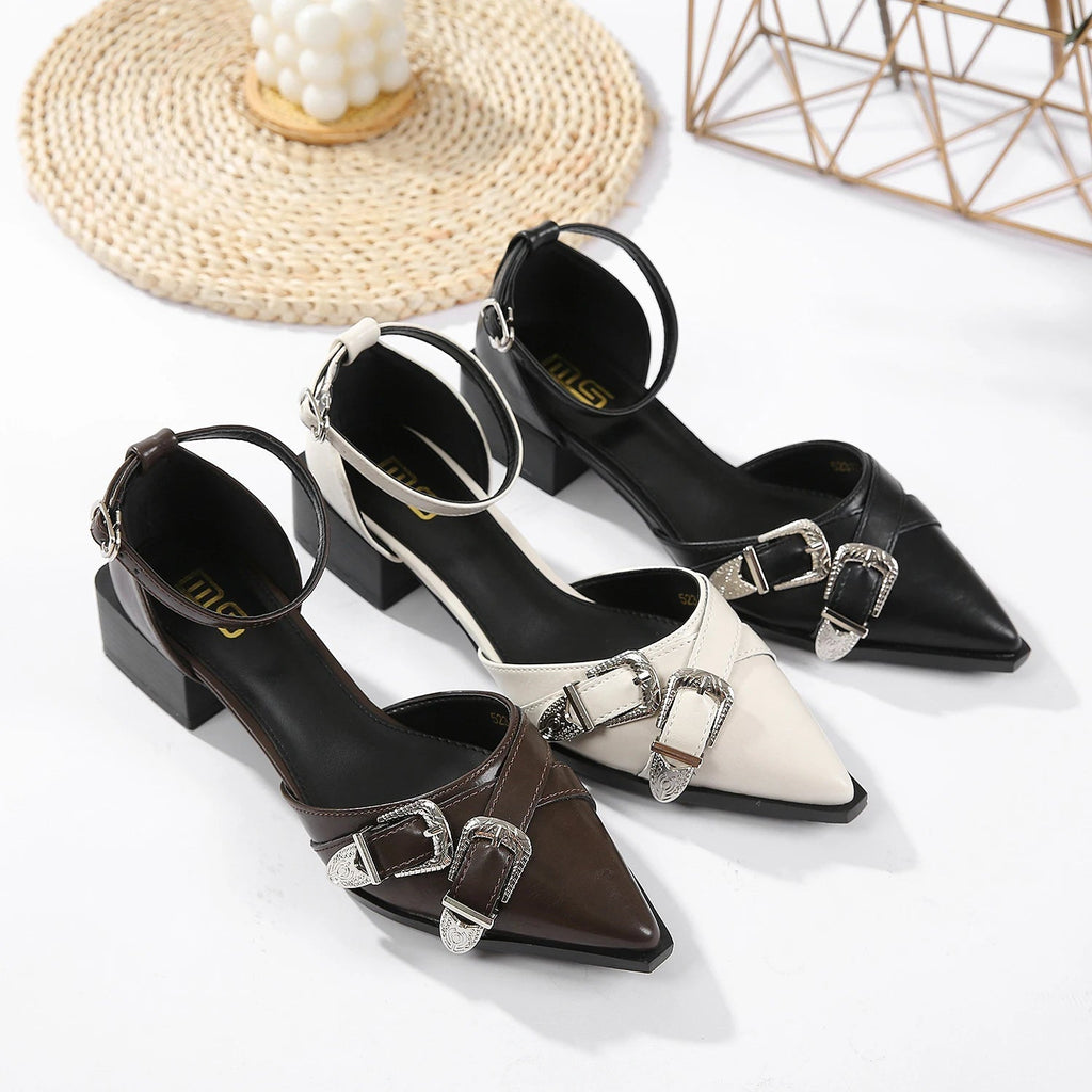 Women's Rhinestone Pointed Shallow Low-Heeled Sandals with Belt Buckle