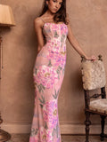 Corset Boning Floral Print Spaghetti Strap Bodycon Maxi Dress