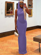 Hooded Cowl Neck Sleeveless Bodycon Maxi Dress