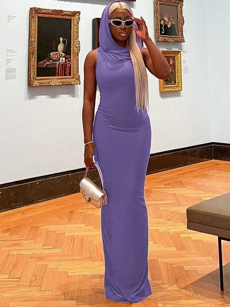 Hooded Cowl Neck Sleeveless Bodycon Maxi Dress