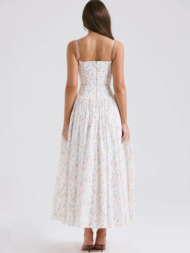 Ditsy Floral Print Square Neck Corset Seam Spaghetti Strap A-Line Maxi Dress