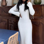 Ribbed Knit Crew Neck Lettuce Hem Long Sleeve Maxi Dress
