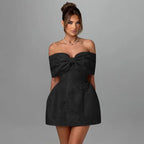 Off Shoulder Oversized Bow Jacquard Fit and Flare Mini Dress