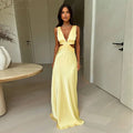 Satin Deep V-Neck Waist Cut Out Flowy Maxi Dress
