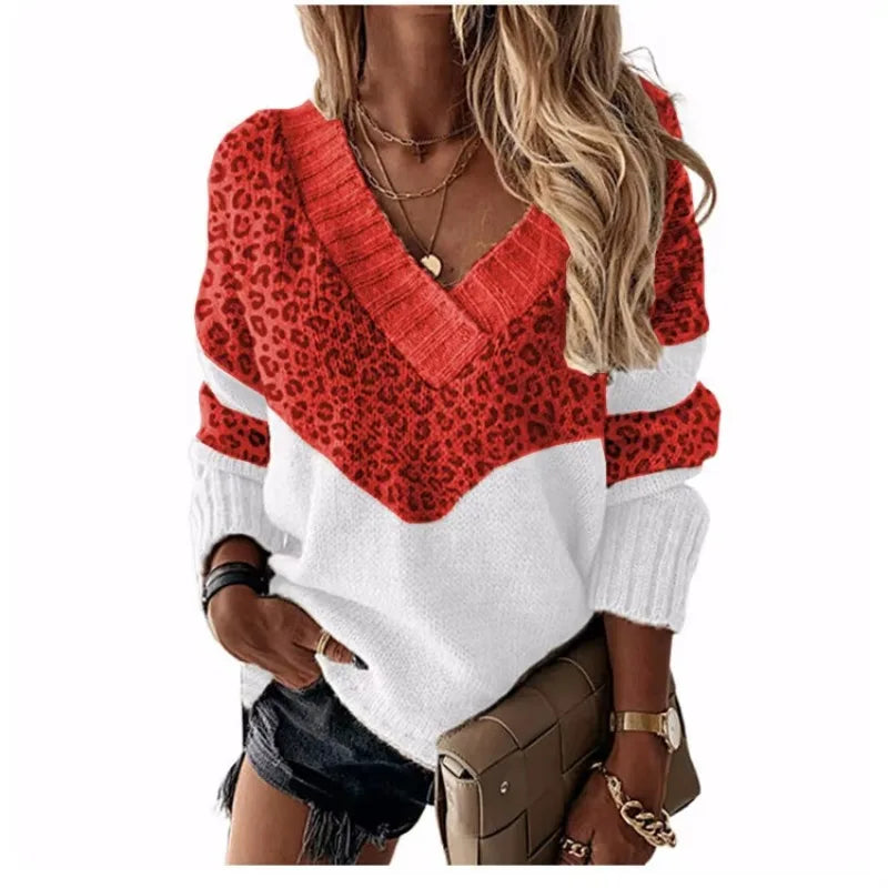 | V-neck sweater in leopard print with color blocks
