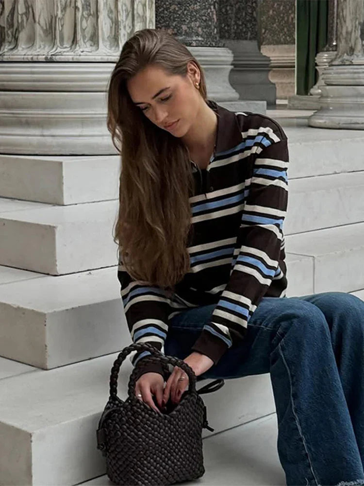 Vintage Stripe Basic Women's T-shirt Casual Long Sleeve Female All Match Polo Shirt Spring New Ladies Loose Tops High Street