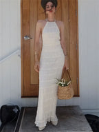 Plissé Halter Neck Tiered Lace Trim Bodycon Maxi Dress