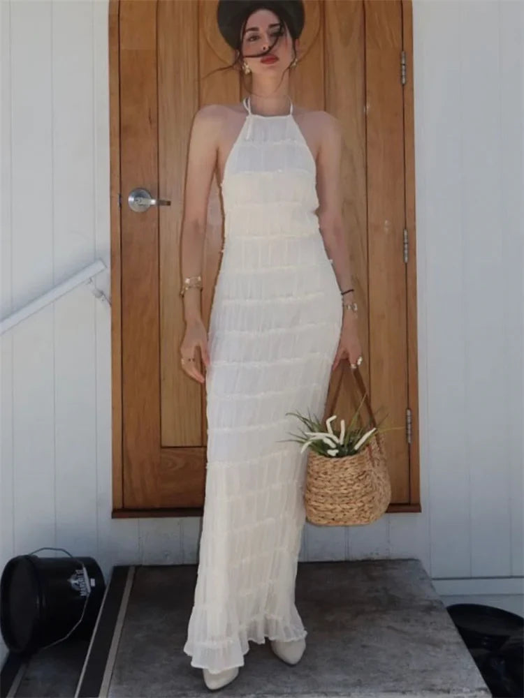 Plissé Halter Neck Tiered Lace Trim Bodycon Maxi Dress
