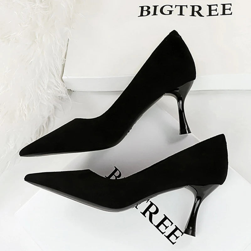 Black Suede Women Pumps with Pointed Toe and High Heels, Wine Glasses Design