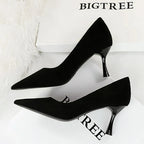Black Suede Women Pumps with Pointed Toe and High Heels, Wine Glasses Design