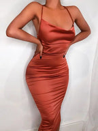Cowl Neck Spaghetti Strap All Over Ruched Satin Bodycon Midi Dress