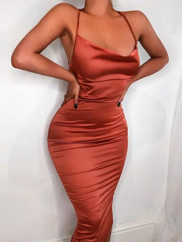 Cowl Neck Spaghetti Strap All Over Ruched Satin Bodycon Midi Dress