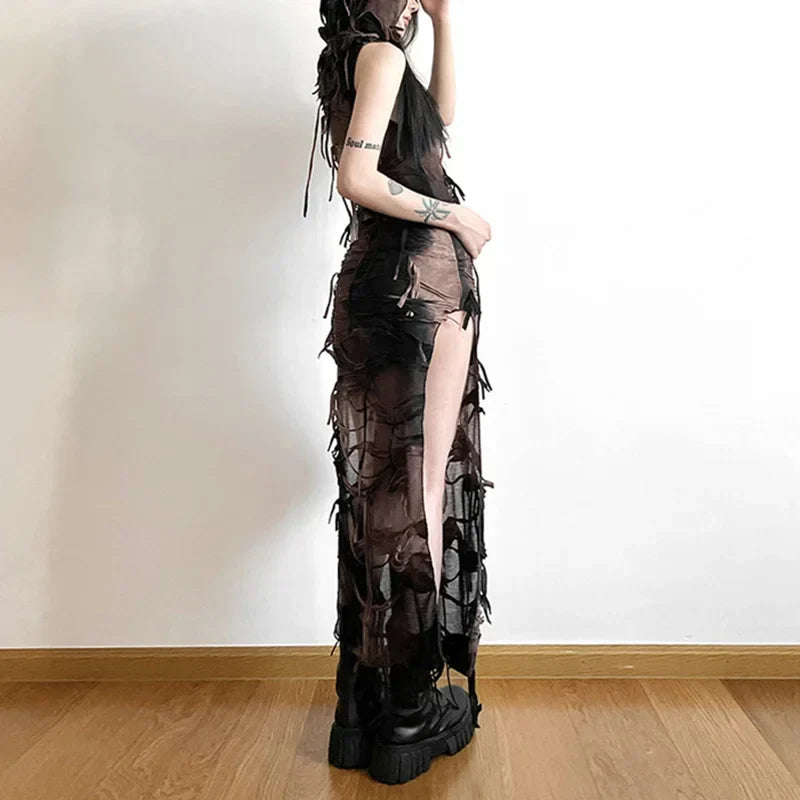 Tie Dye Distressed Fringe High Split Bodycon Midi Dress