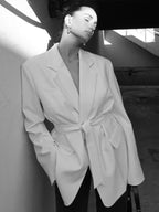 Women's Loose Waist Cinching Belt Full Sleeve Jacket Female Tailored Coat 2025 Chic Retro Elegant Lapel Suit Jackets Streetwear