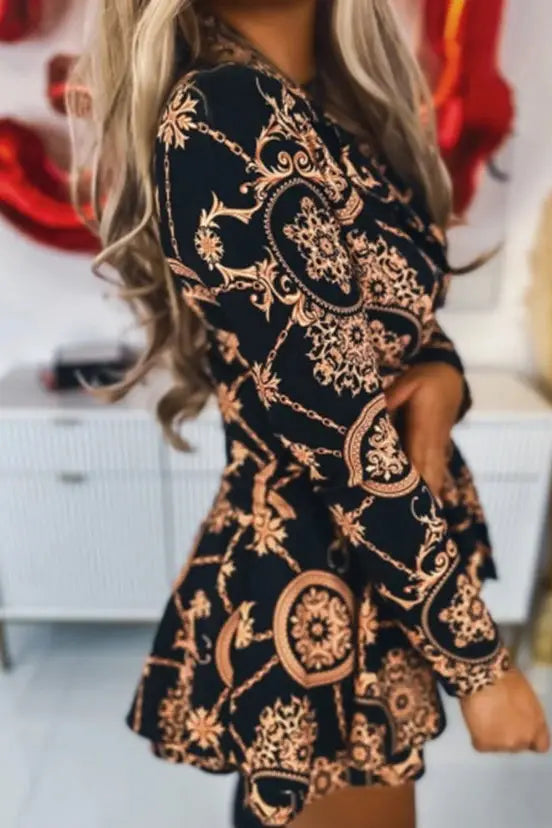 Baroque Print Mini Dress with Notched Collar