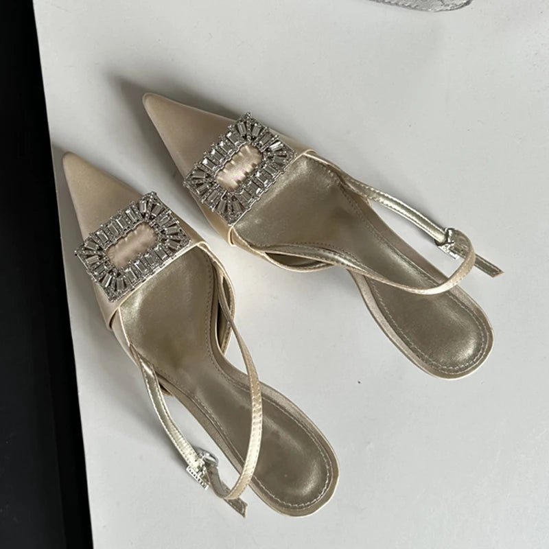 Silk Square Button Thin Heels Women Pumps