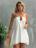 Satin Halter Neck Keyhole Beaded Accent Layered Hem A-Line Mini Dress