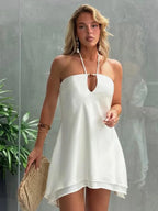 Satin Halter Neck Keyhole Beaded Accent Layered Hem A-Line Mini Dress