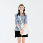 Plaid Lace-up Short Sleeve T-shirt Blouse