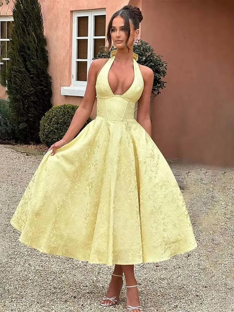 Jacquard Strapless Bow Back Fit and Flare Mini Dress