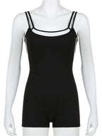 Summer Black Contrast Stitching Fitness Romper For Woman 2024 Sleeveless Backless Skinny Playsuit Street Workout Overalls