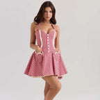 Gingham Halter Sweetheart Button Front Ruffle Pocket Fit and Flare Mini Dress