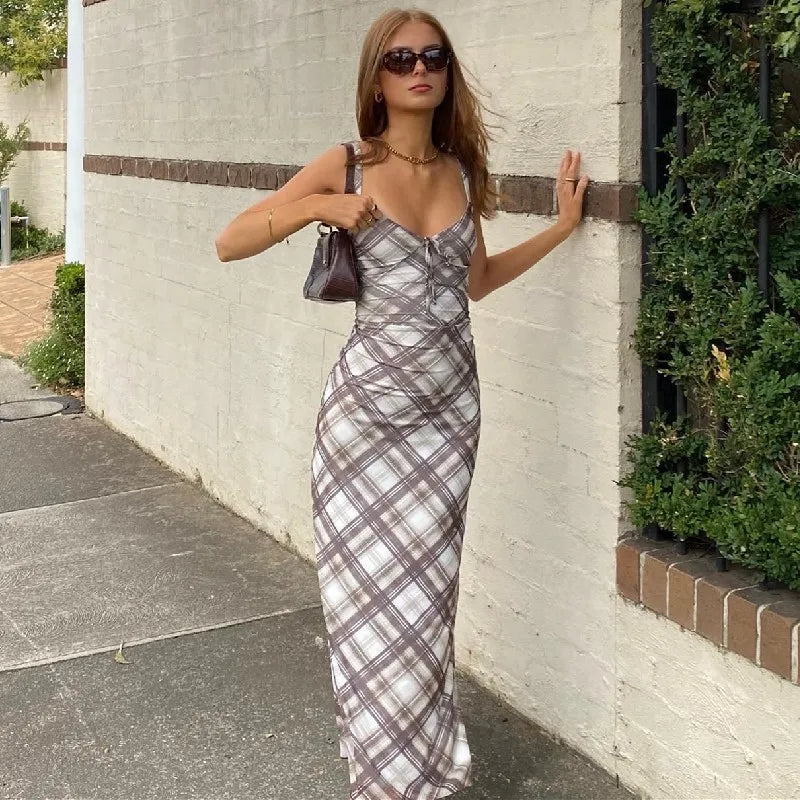 Plaid Scoop Neck Lace Up Bust Spaghetti Strap Backless Maxi Slip Dress