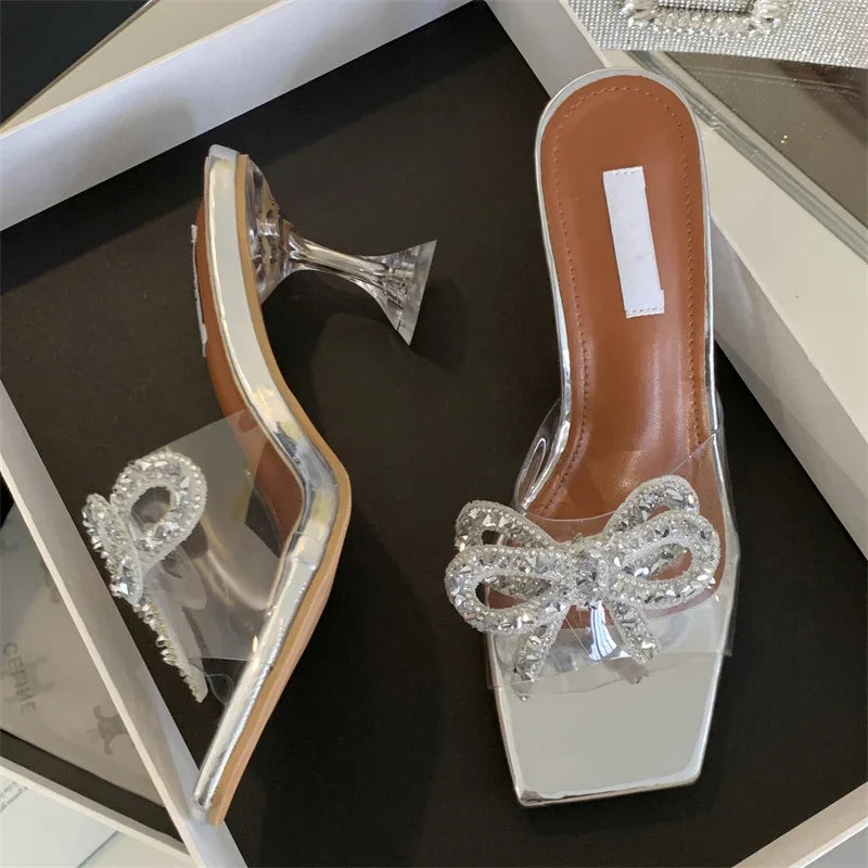 PVC Transparent Bowknot Women Sandals with Square Toe for Summer