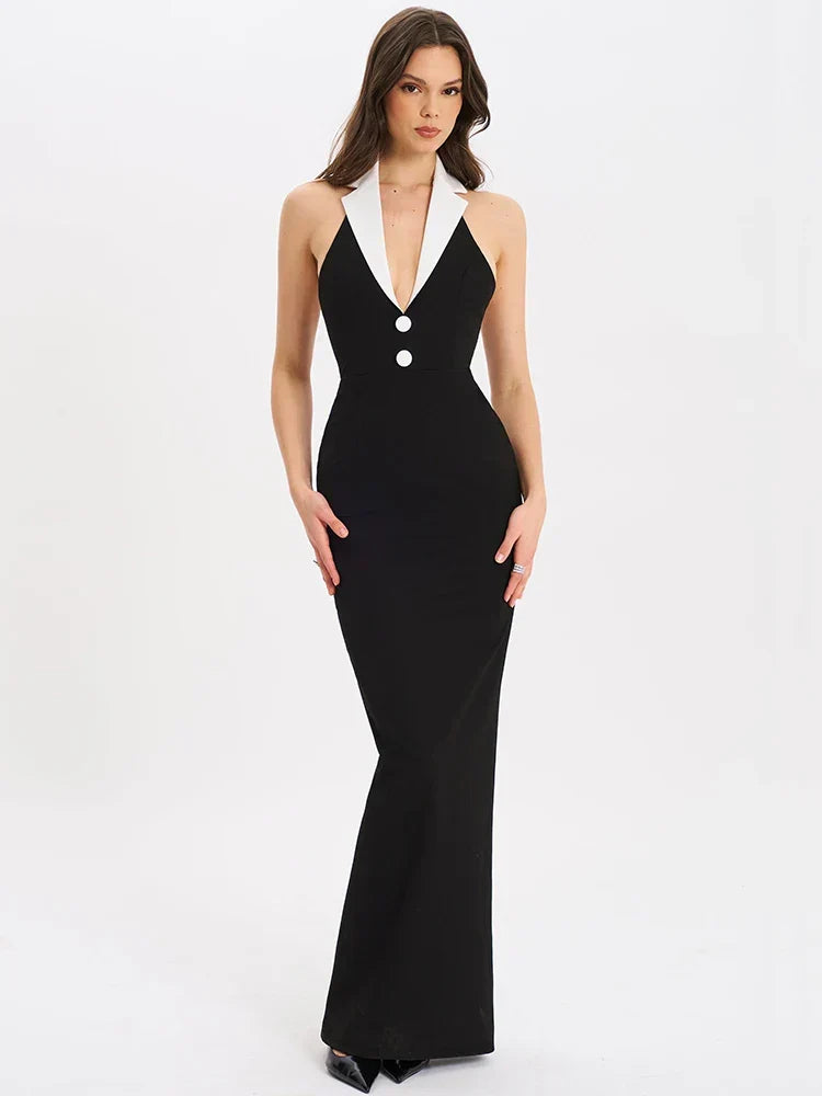 Color Block Notched Lapel Halter Deep V-Neck Maxi Dress